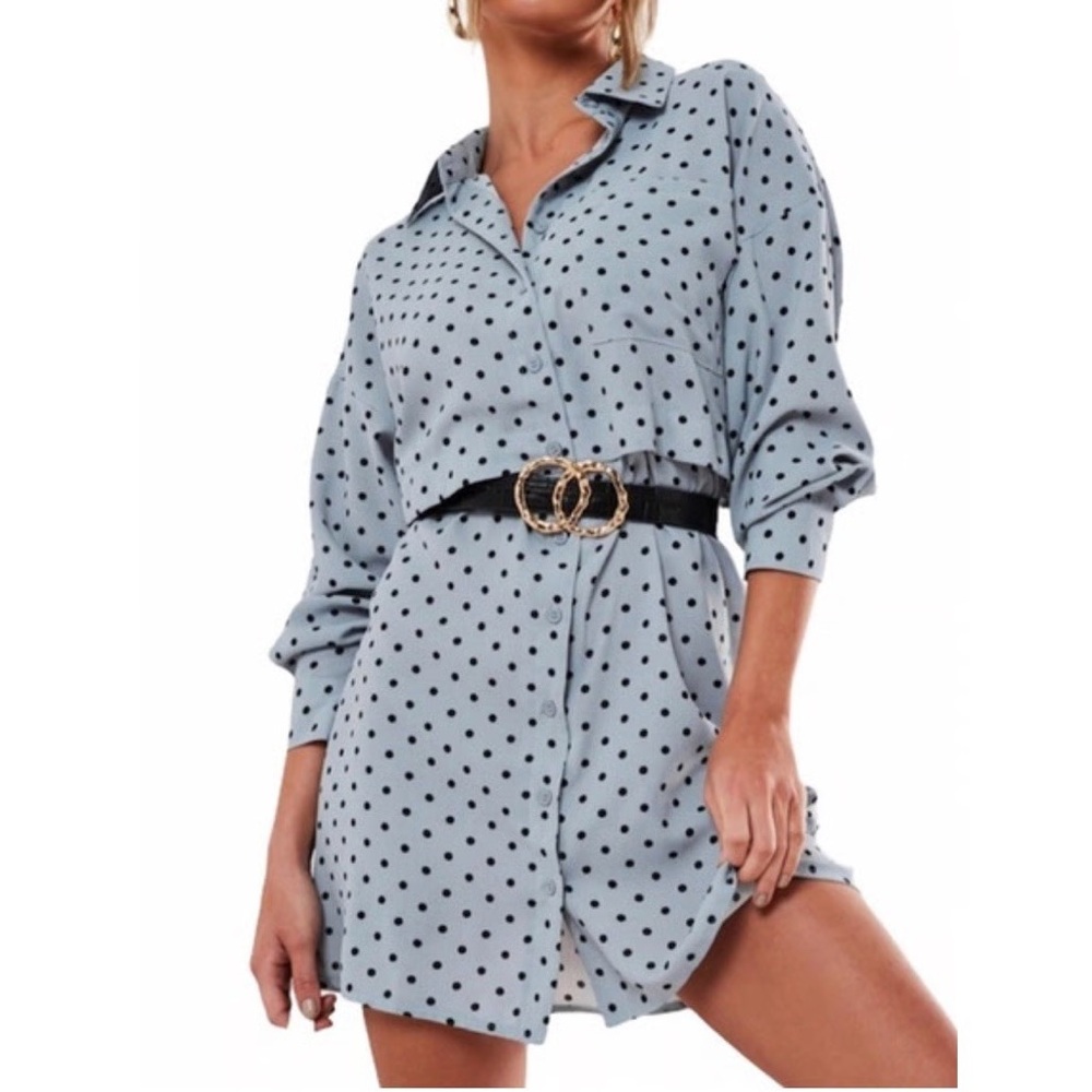 Missguided Blue Polka Dot Button Down Collared Mini Shirt Dress NWT! US Size 6 S